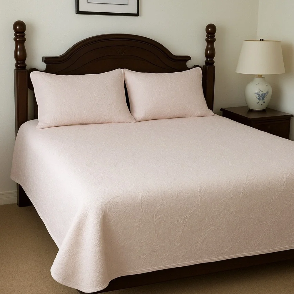 Columbine Cody Portugal Woven Bedspread & 2 Shams Pink Cotton‎ Floral Jacquard